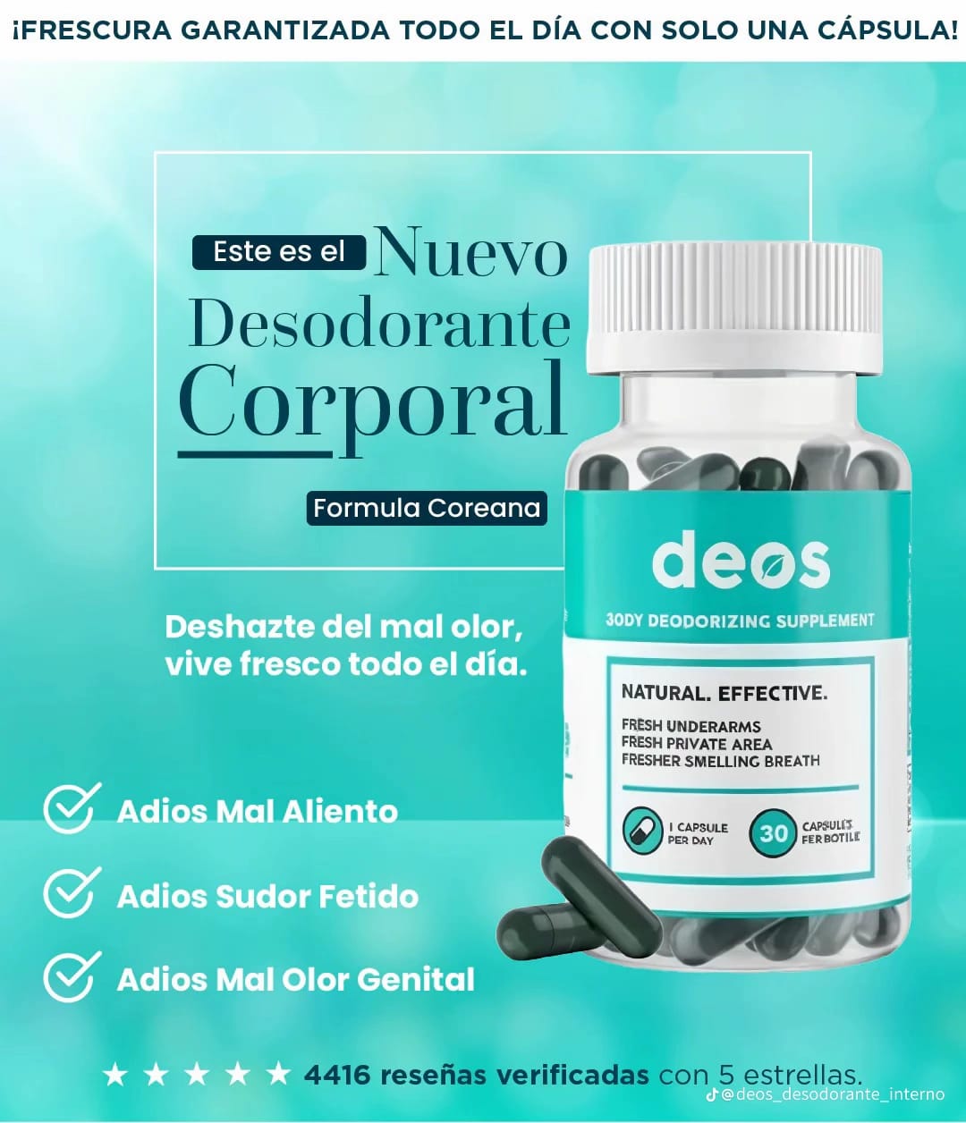 3 Frascos DEOS desodorante natural 30 cápsulas